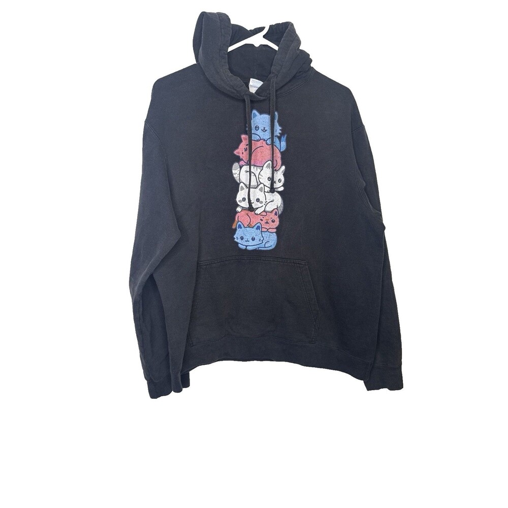 Port & Company Womens Size L Black Stacked Cats Graphic Pullover Hoodie Fleece L